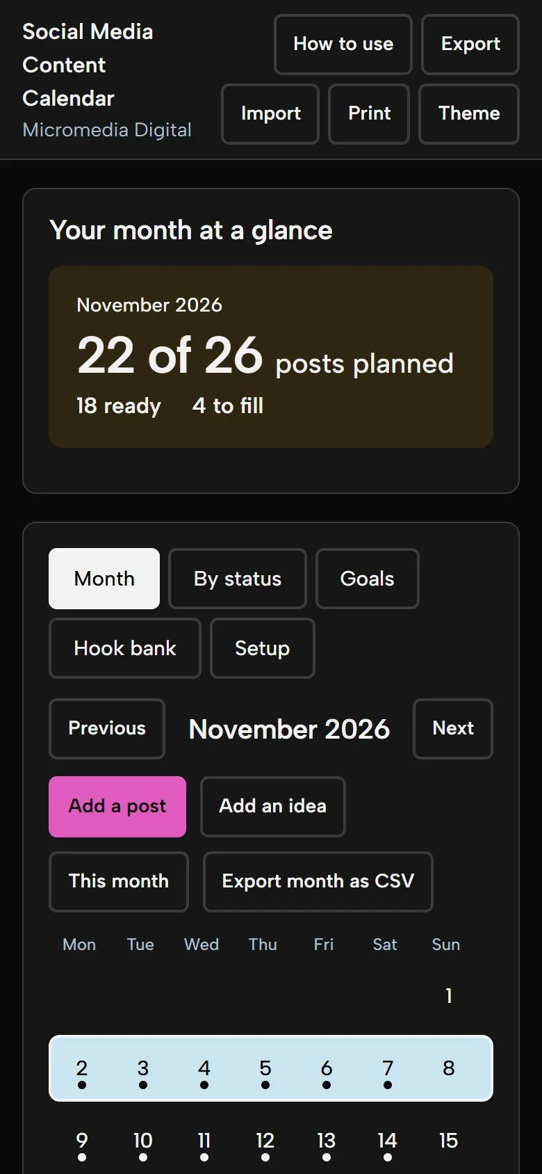 Social Media Content Calendar on a phone in dark mode, showing the same month