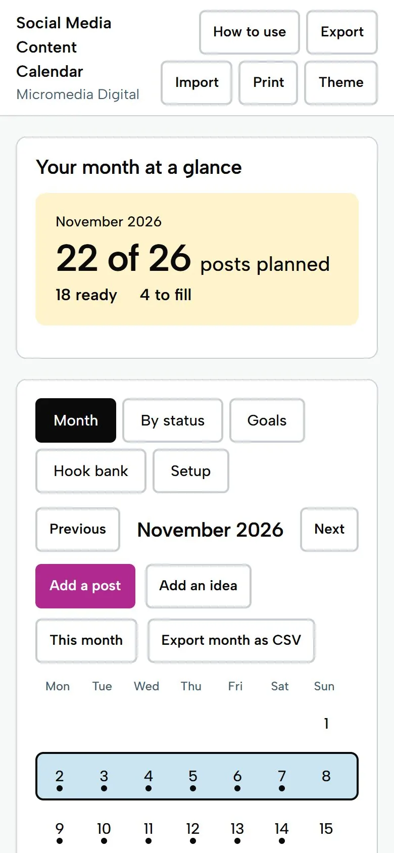 Social Media Content Calendar on a phone, light mode: 22 of 26 posts planned for November 2026 with the month grid below