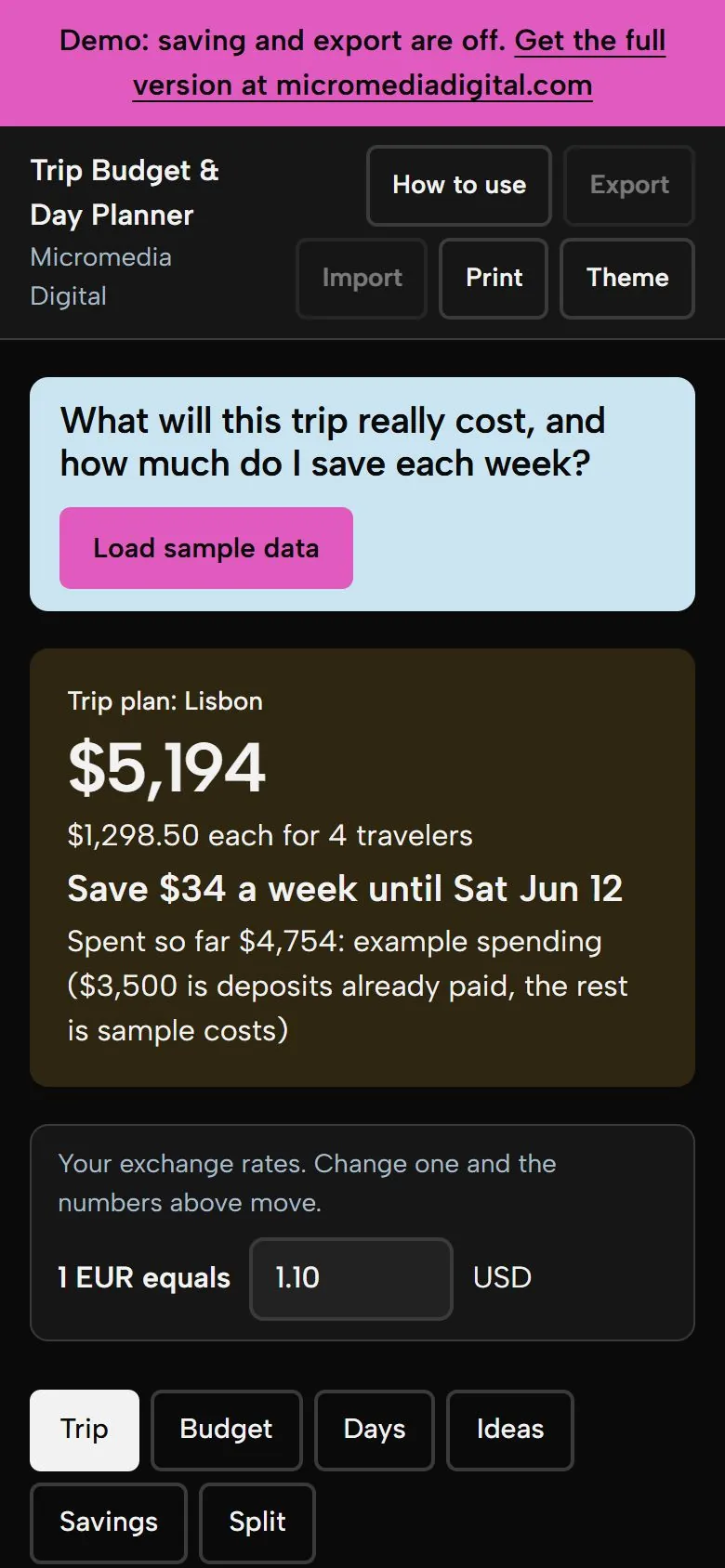 Trip Budget & Day Planner on a phone in dark mode, showing the same trip