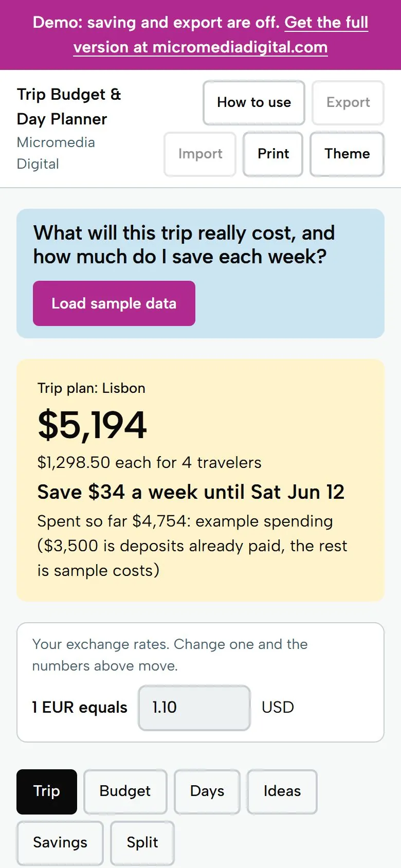 Trip Budget & Day Planner on a phone, light mode: Lisbon trip plan of $5,194 with a weekly savings figure and exchange rate