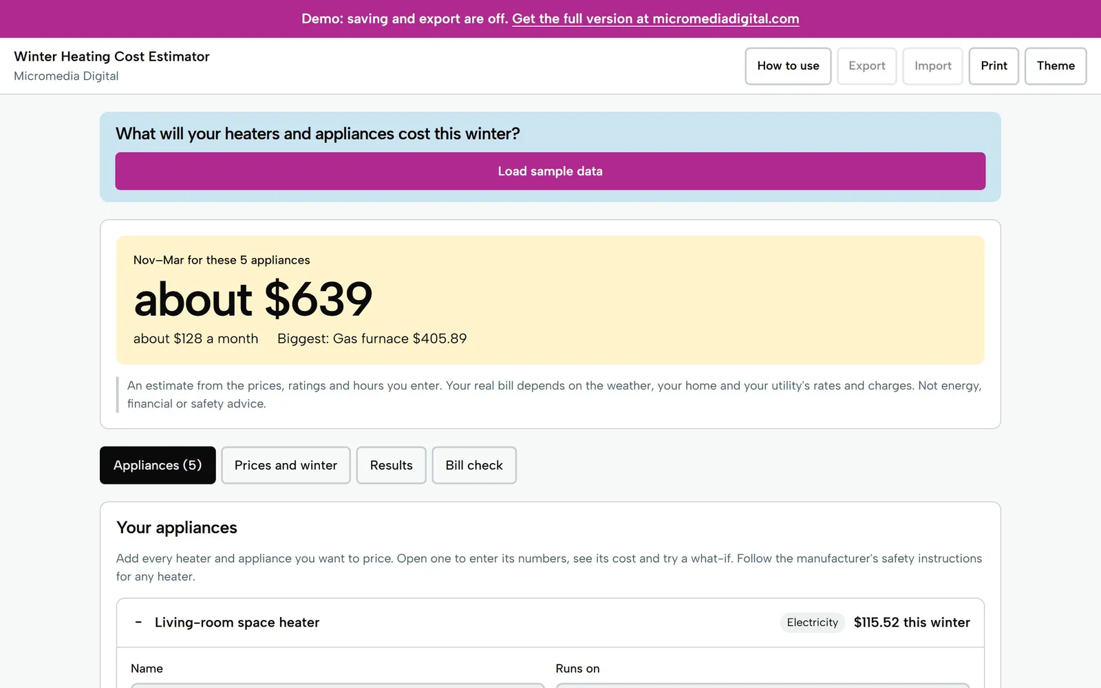 Winter Heating Cost Estimator on a laptop: about $639 for 5 appliances from November to March, about $128 a month, with the gas furnace the biggest at $405.89