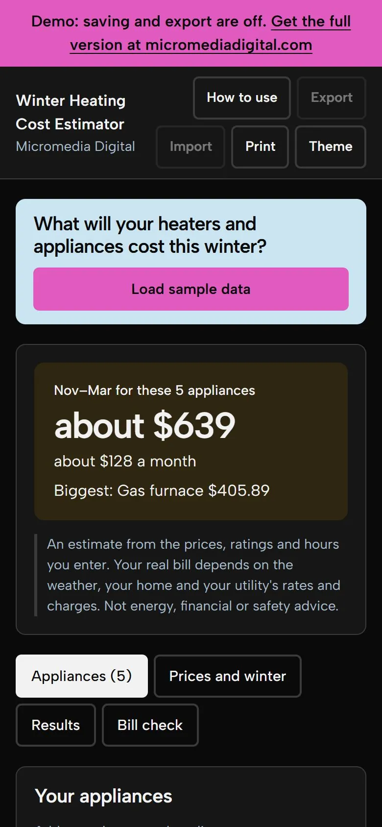 Winter Heating Cost Estimator on a phone in dark mode, showing the same winter total