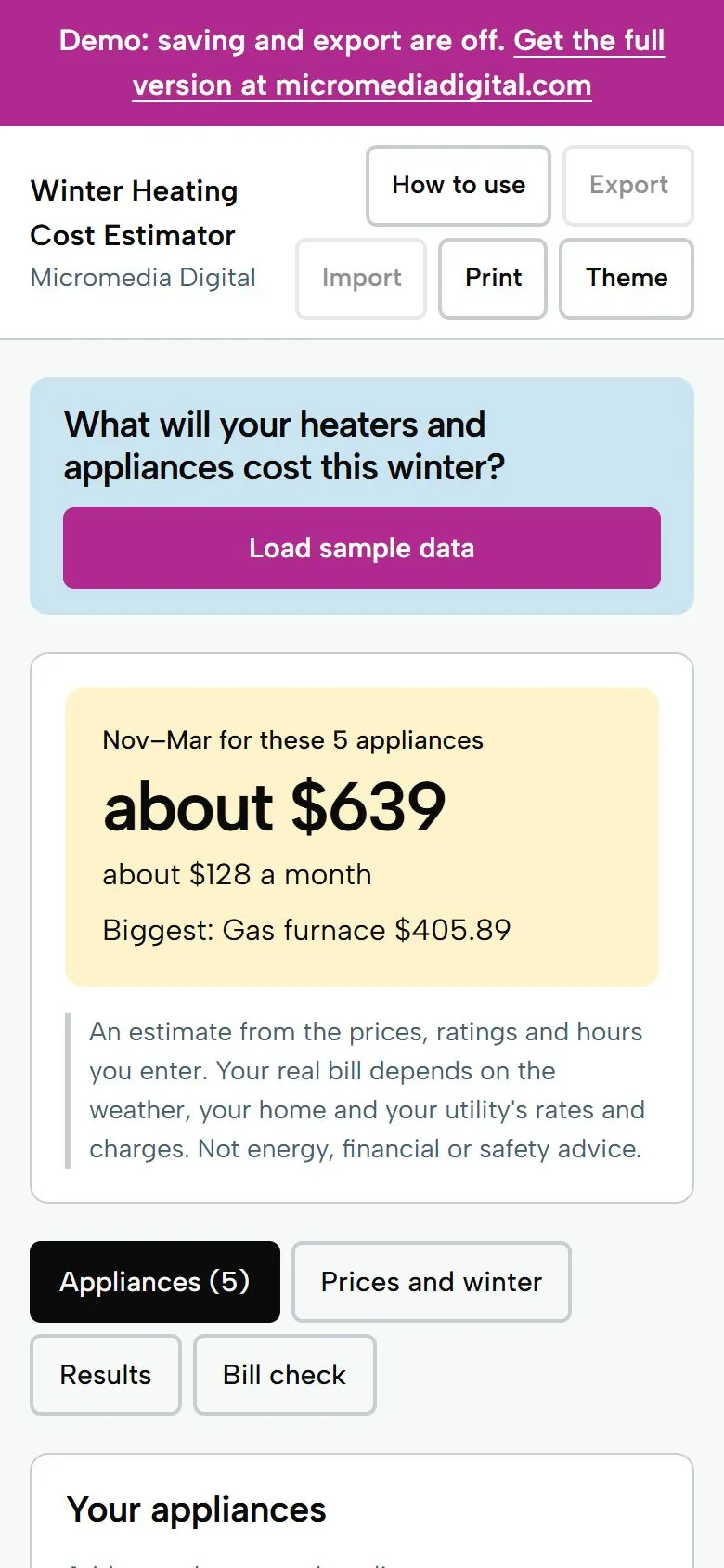 Winter Heating Cost Estimator on a phone, light mode: the winter total for the sample appliances
