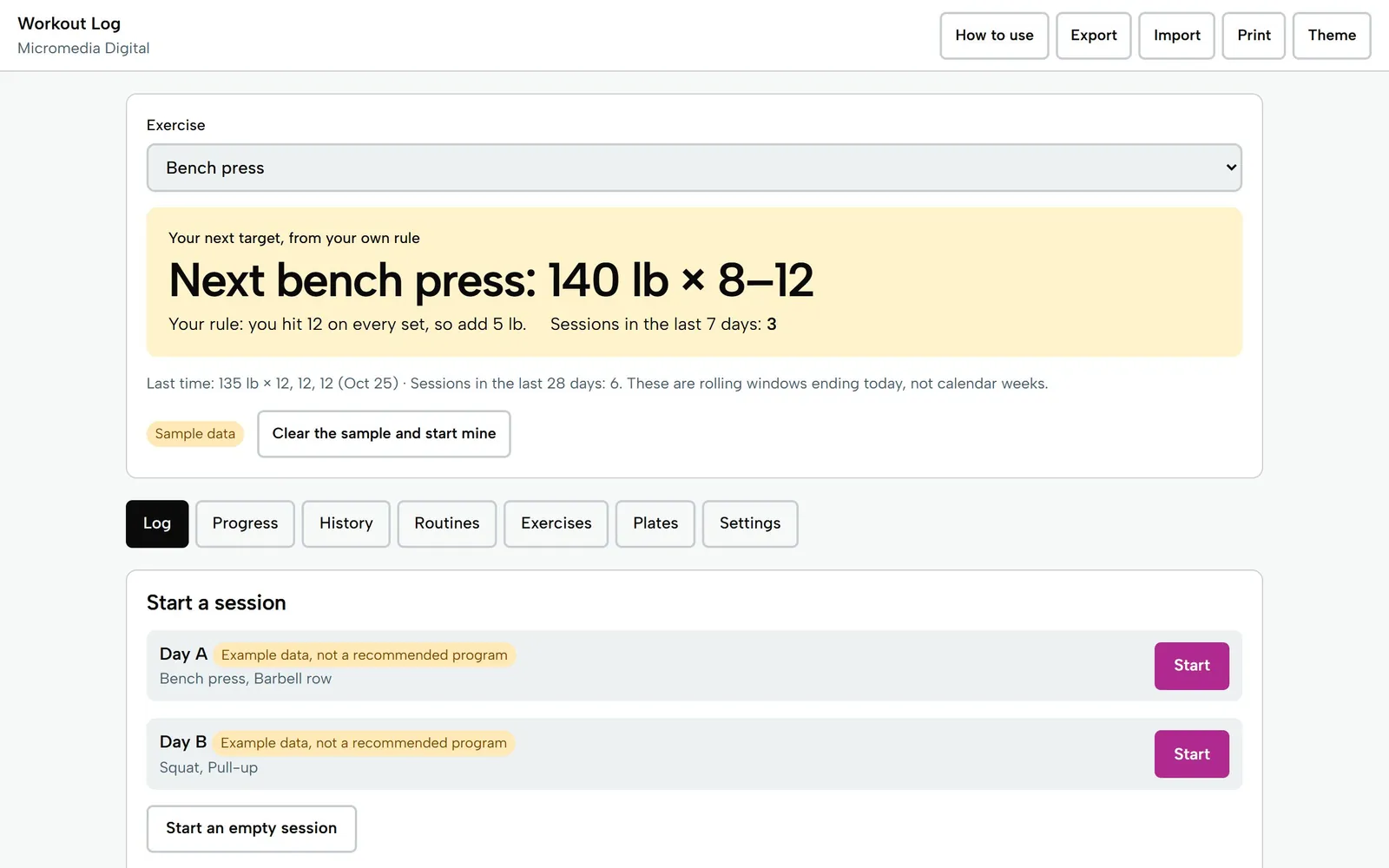 Workout Log with Progressive Overload on a laptop: next bench press target of 140 lb for 8 to 12 reps, from the user's own rule