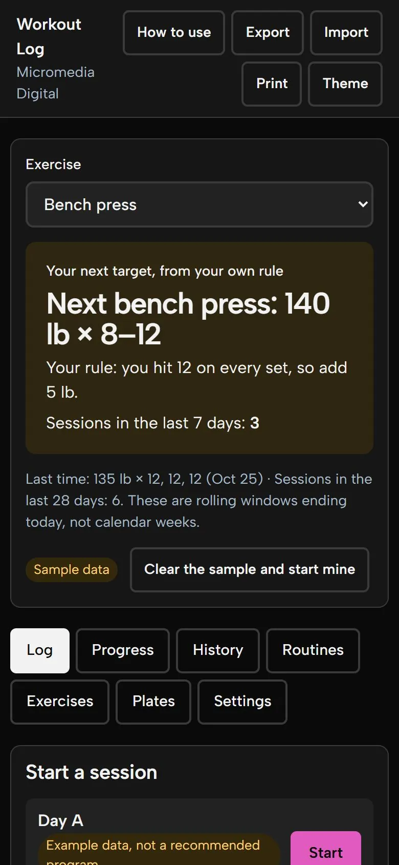 Workout Log on a phone in dark mode, showing the same target